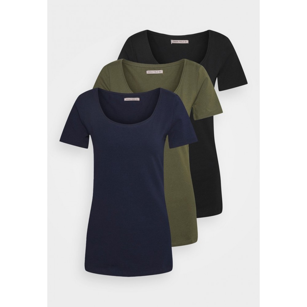 Kobiety T SHIRT TOP | Anna Field Tall 3 PACK - T-shirt basic - black/dark blue/olive/czarny - PX08099