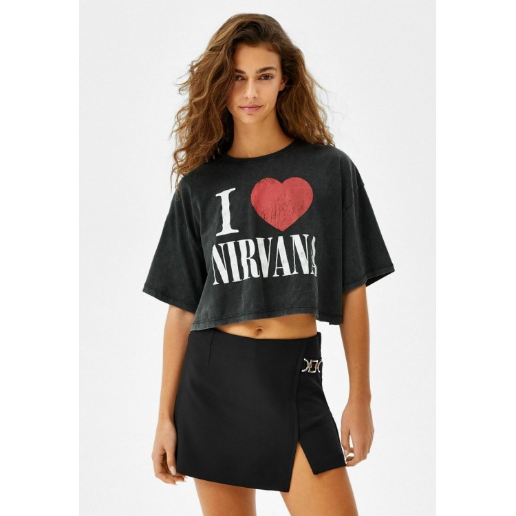 Kobiety T SHIRT TOP | Bershka SHORT SLEEVE NIRVANA - T-shirt z nadrukiem - mottled black/czarny melanż - WN59094