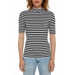 Kobiety T SHIRT TOP | edc by Esprit FULL NEEDLE MOCK NECK SHORT SLEEVE STRIPED - T-shirt z nadrukiem - black/czarny - RM27275