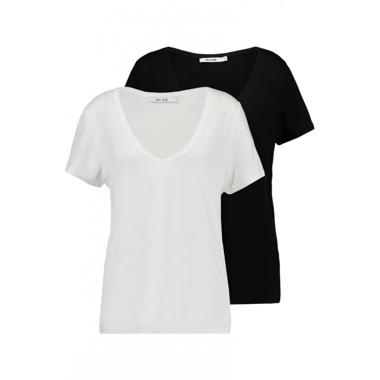 Kobiety T SHIRT TOP | NA-KD 2 PACK V-NECK TEE - T-shirt basic - black/white/czarny - LK52520