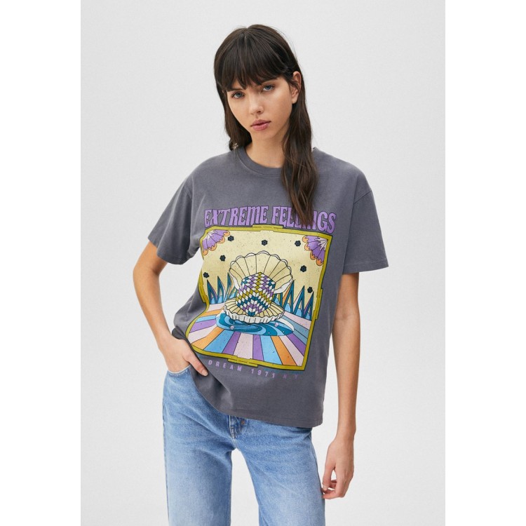Kobiety T SHIRT TOP | PULL&BEAR ESOTERIC - T-shirt z nadrukiem - mottled dark grey/ciemnoszary melanż - XK63801