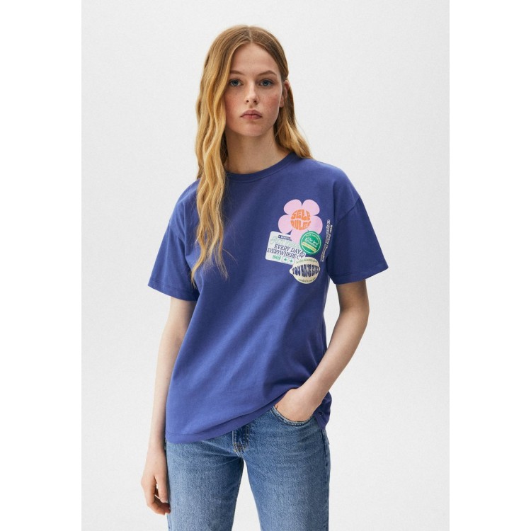 Kobiety T SHIRT TOP | PULL&BEAR FLOWER GRAPHIC - T-shirt z nadrukiem - royal blue/błękit królewski melanż - TW52345